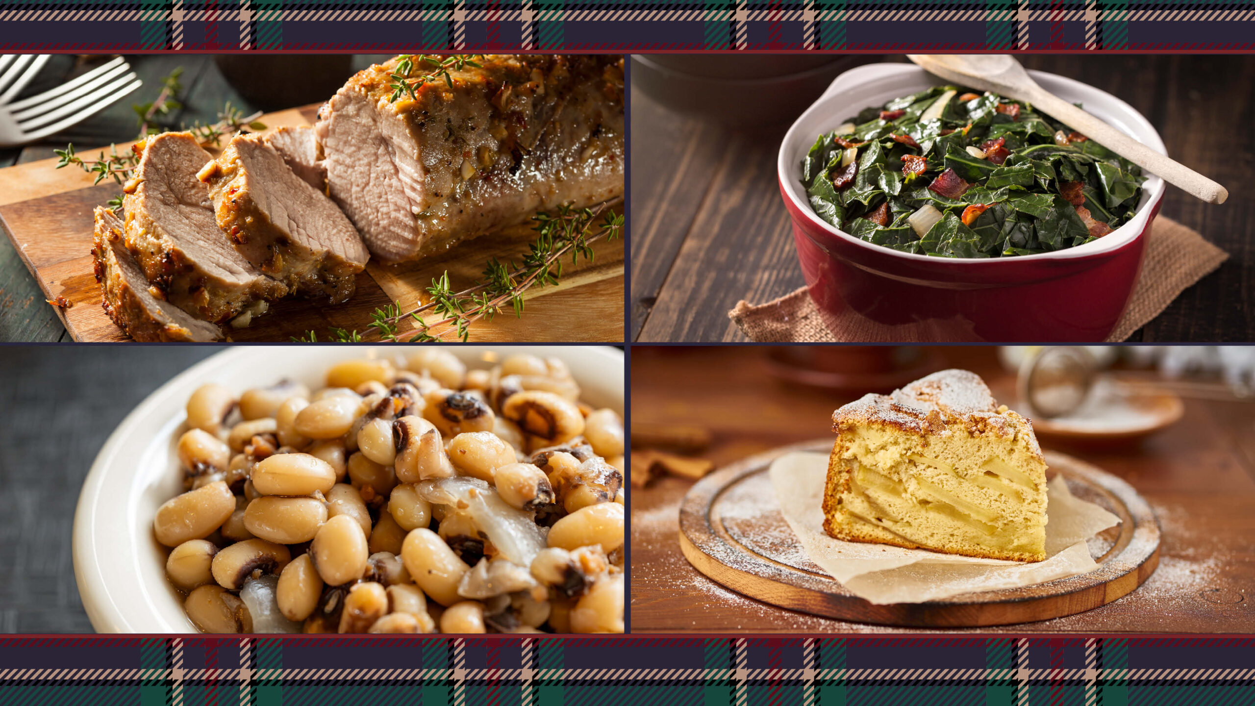 New Year's Luncheon Pork Tenderloin, Black eyed peas, collard greens, cornbread, apple cake.